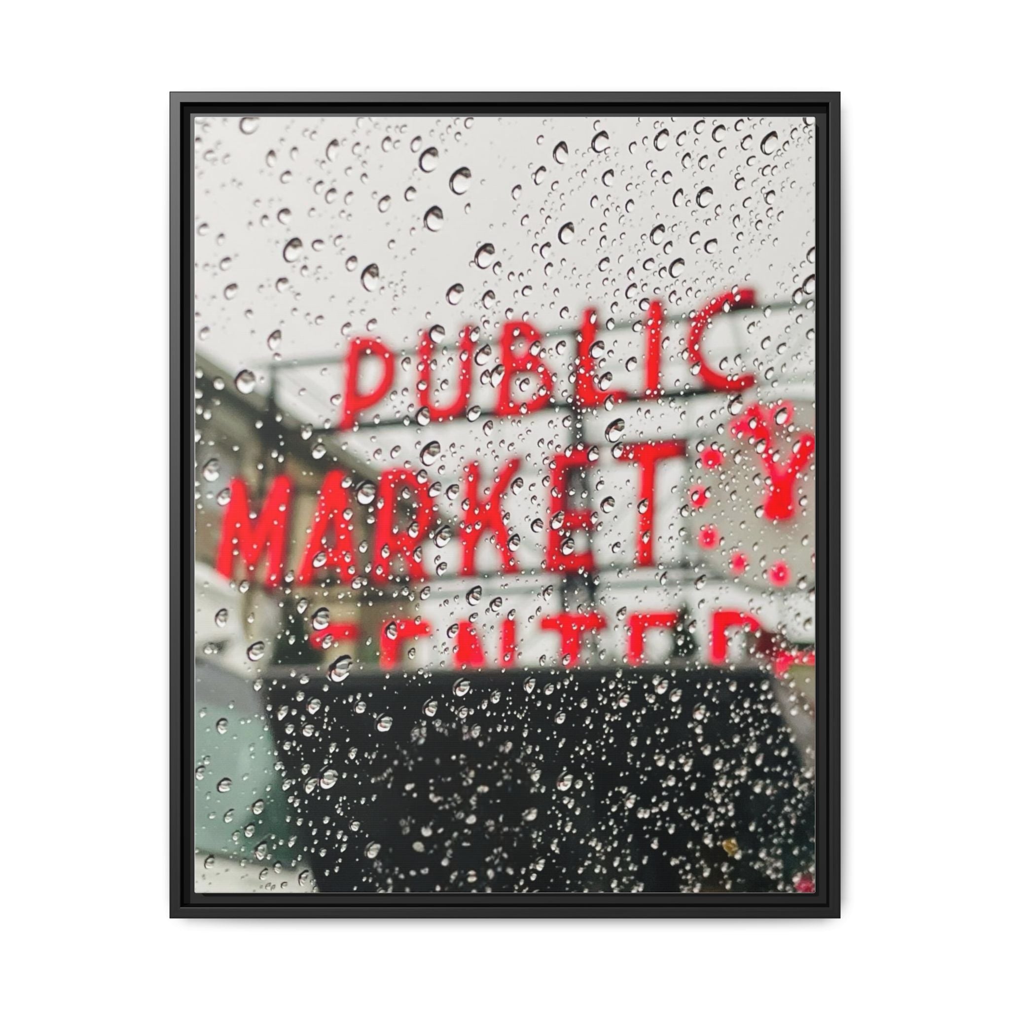 Framed Matte Canvas Print — 'Seattle Public Market' Rain-Drop Photography Wall Art