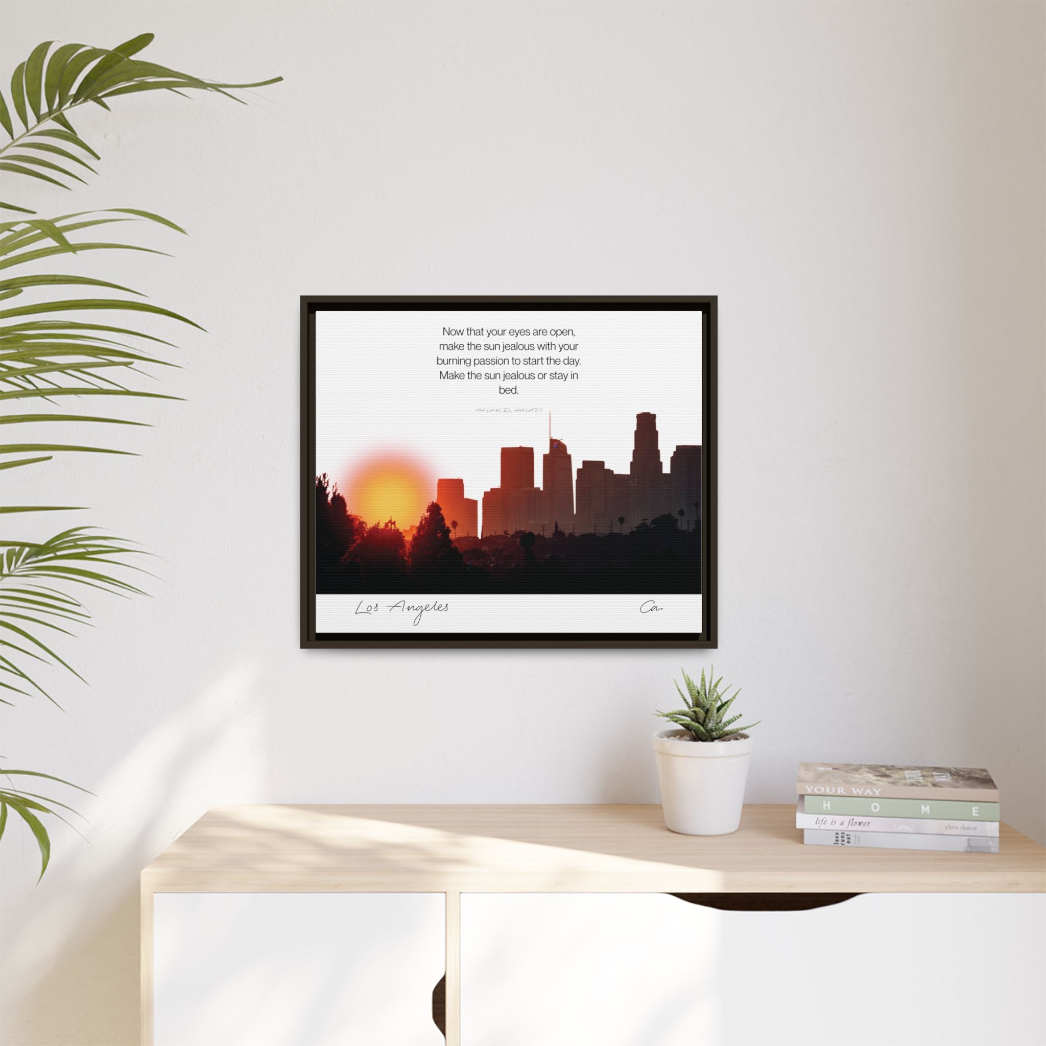 Los Angeles Sunrise Skyline Matte Canvas — 'Make the Sun Jealous' Framed Wall Art