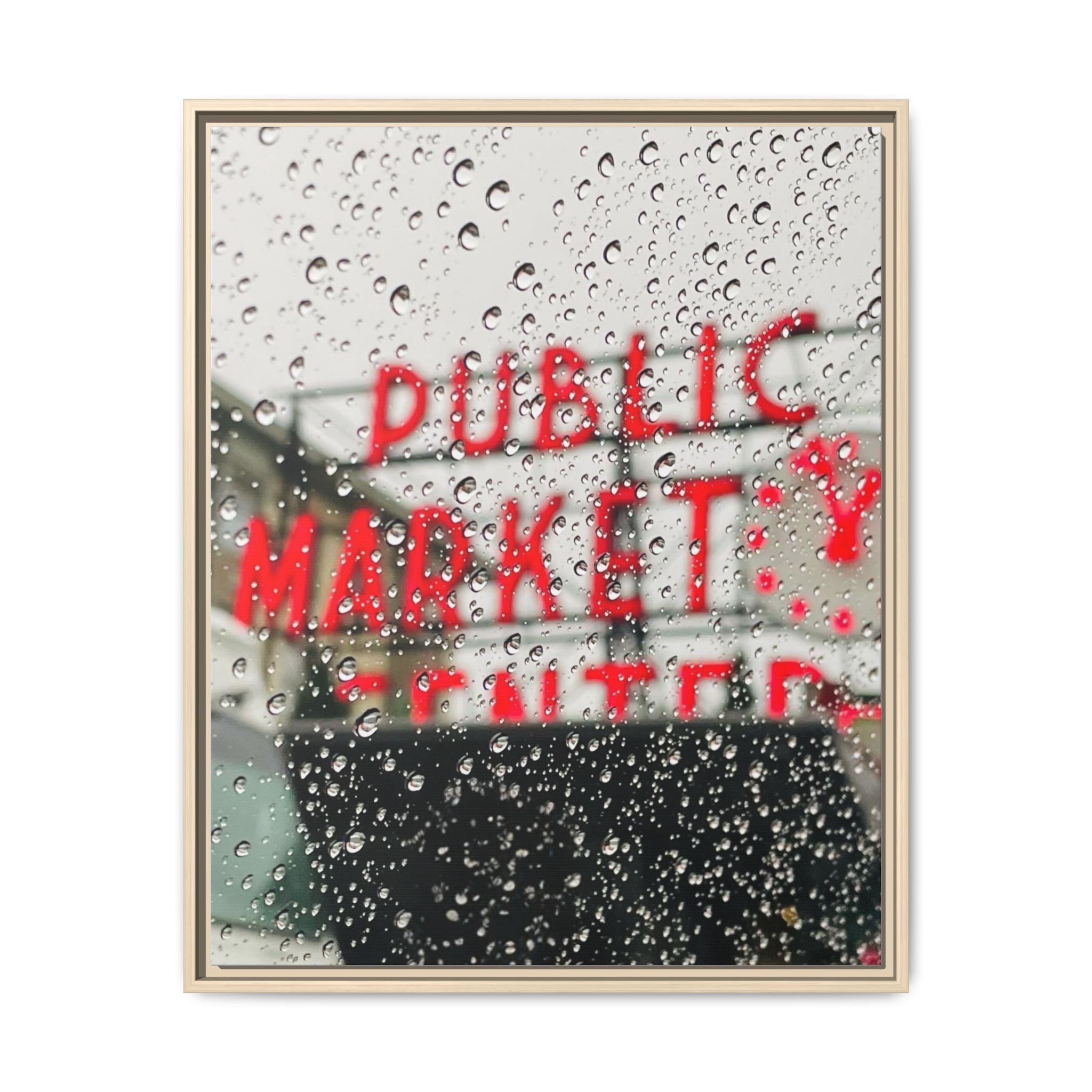 Framed Matte Canvas Print — 'Seattle Public Market' Rain-Drop Photography Wall Art