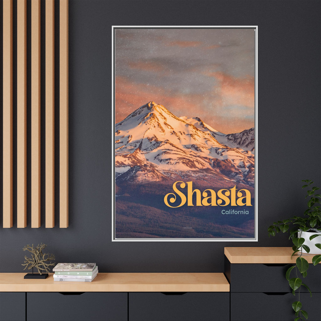 Shasta Mountain Framed Canvas Print Vintage Sunset California Wall Art