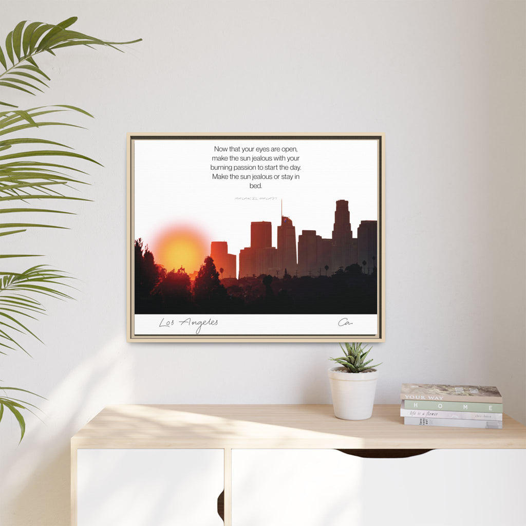 Los Angeles Sunrise Skyline Matte Canvas — 'Make the Sun Jealous' Framed Wall Art