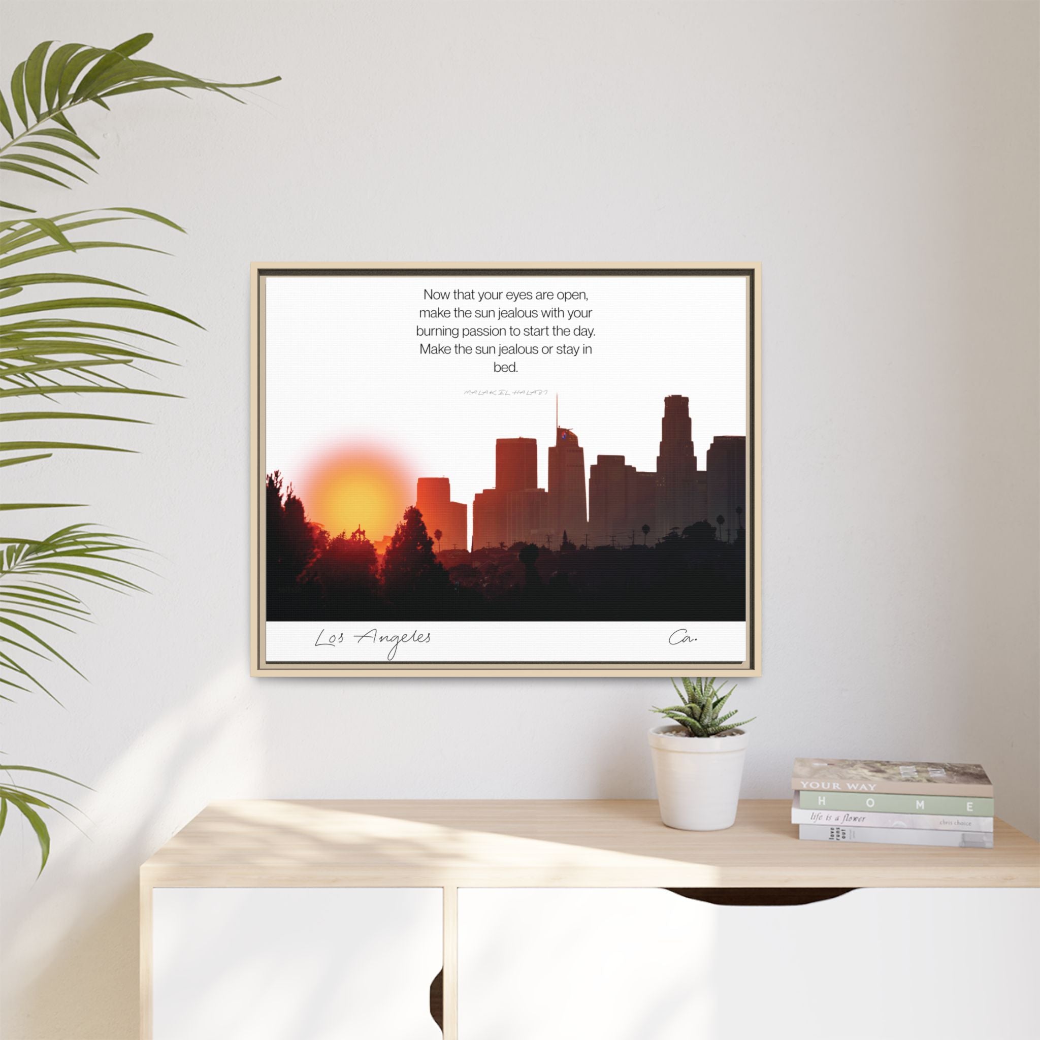 Los Angeles Sunrise Skyline Matte Canvas — 'Make the Sun Jealous' Framed Wall Art