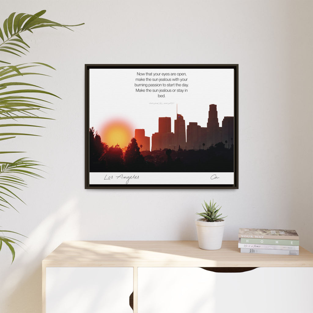 Los Angeles Sunrise Skyline Matte Canvas — 'Make the Sun Jealous' Framed Wall Art
