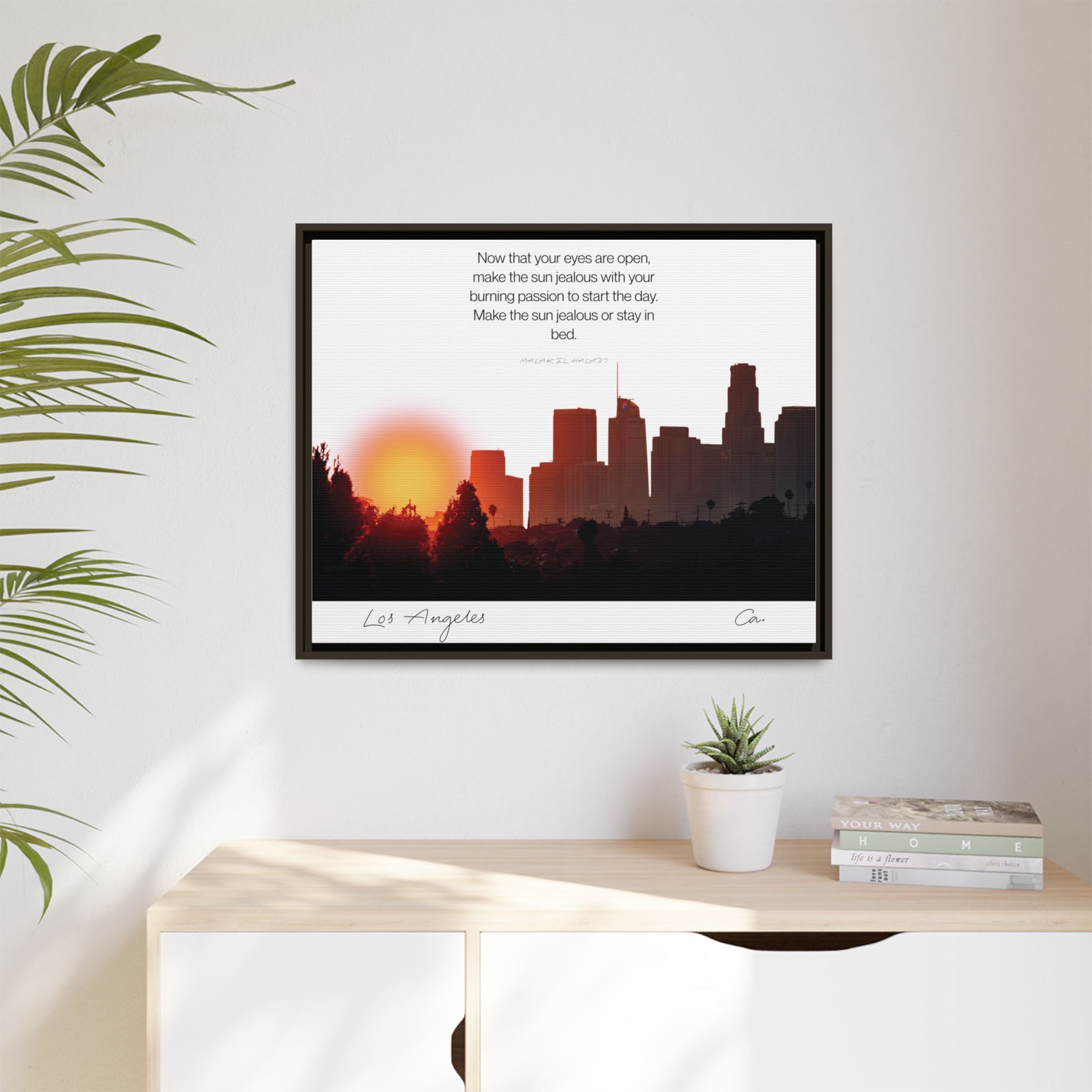 Los Angeles Sunrise Skyline Matte Canvas — 'Make the Sun Jealous' Framed Wall Art