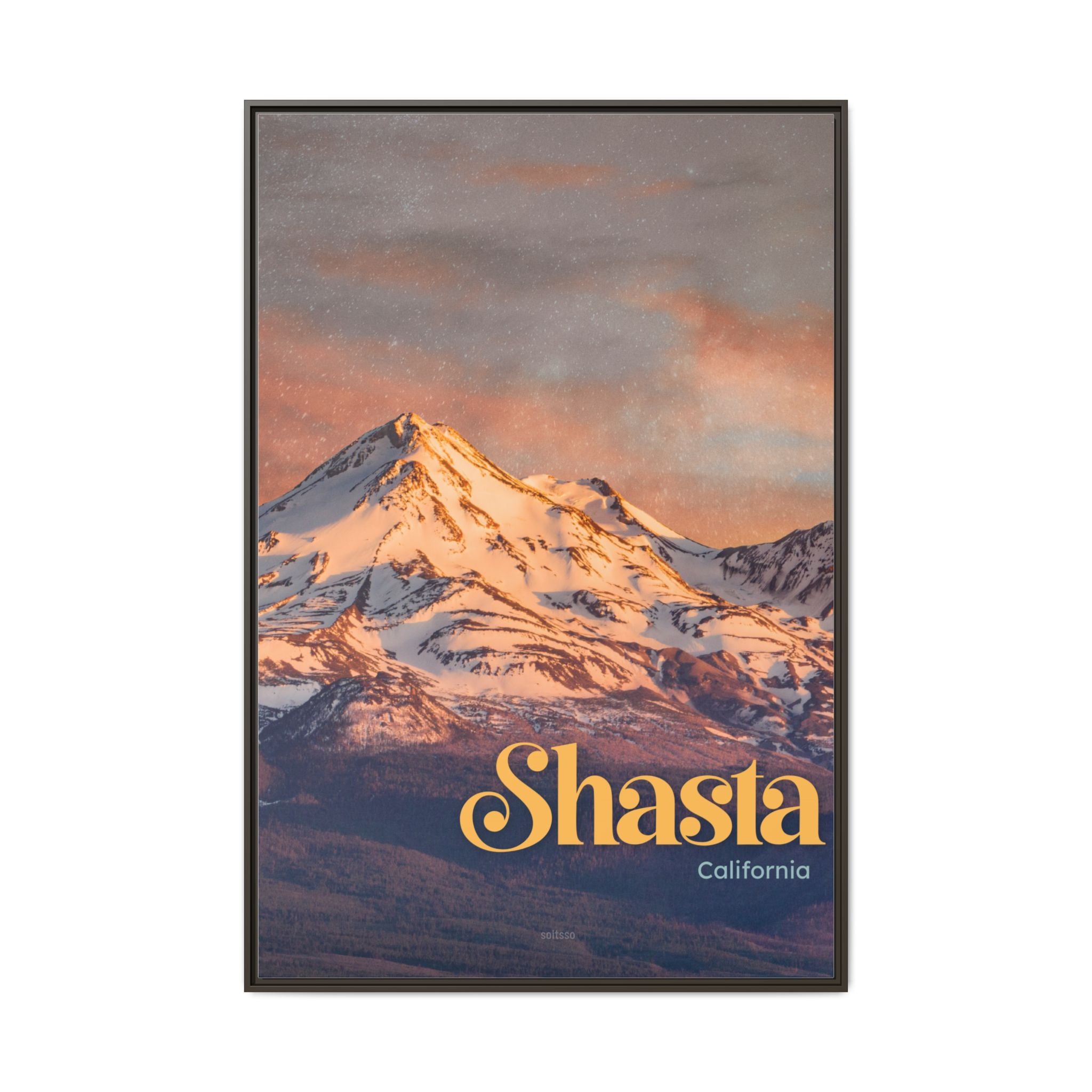 Shasta Mountain Framed Canvas Print Vintage Sunset California Wall Art