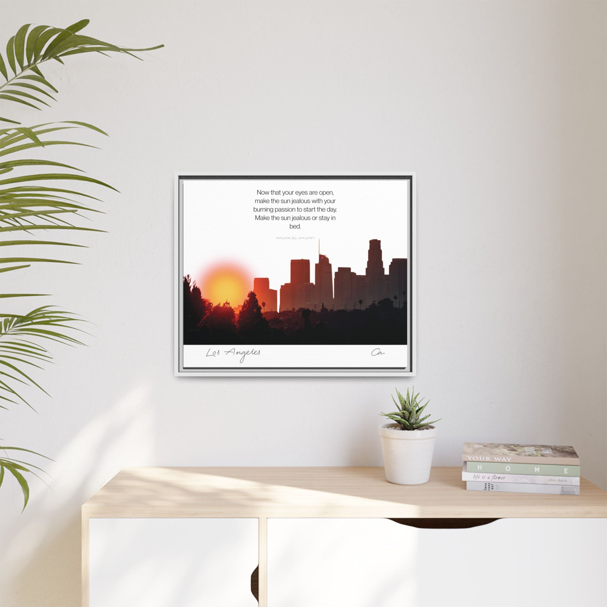 Los Angeles Sunrise Skyline Matte Canvas — 'Make the Sun Jealous' Framed Wall Art