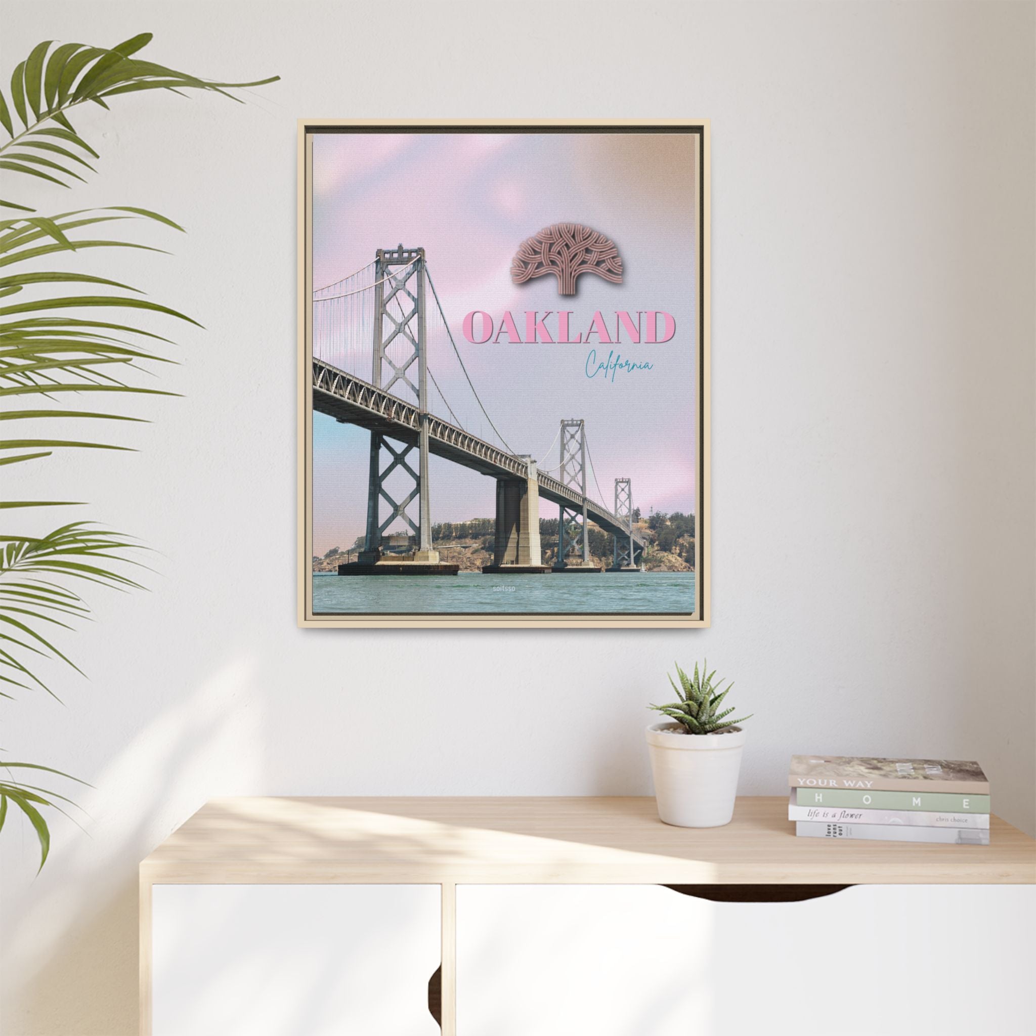 Oakland California Bridge Matte Framed Canvas Wall Art Pastel Cityscape Poster