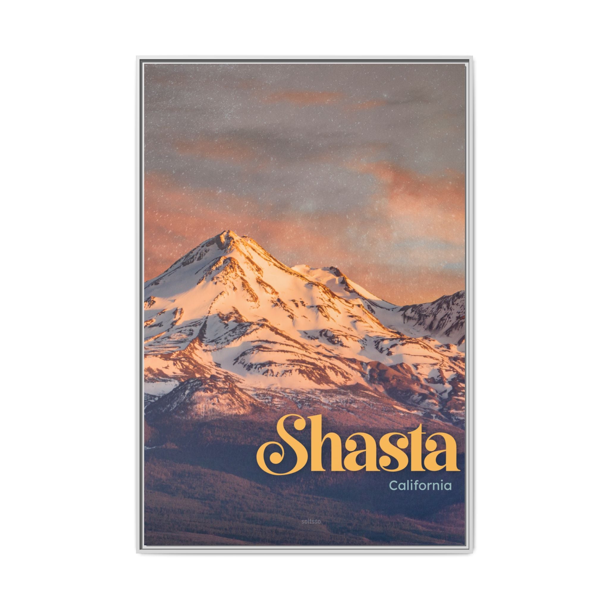 Shasta Mountain Framed Canvas Print Vintage Sunset California Wall Art