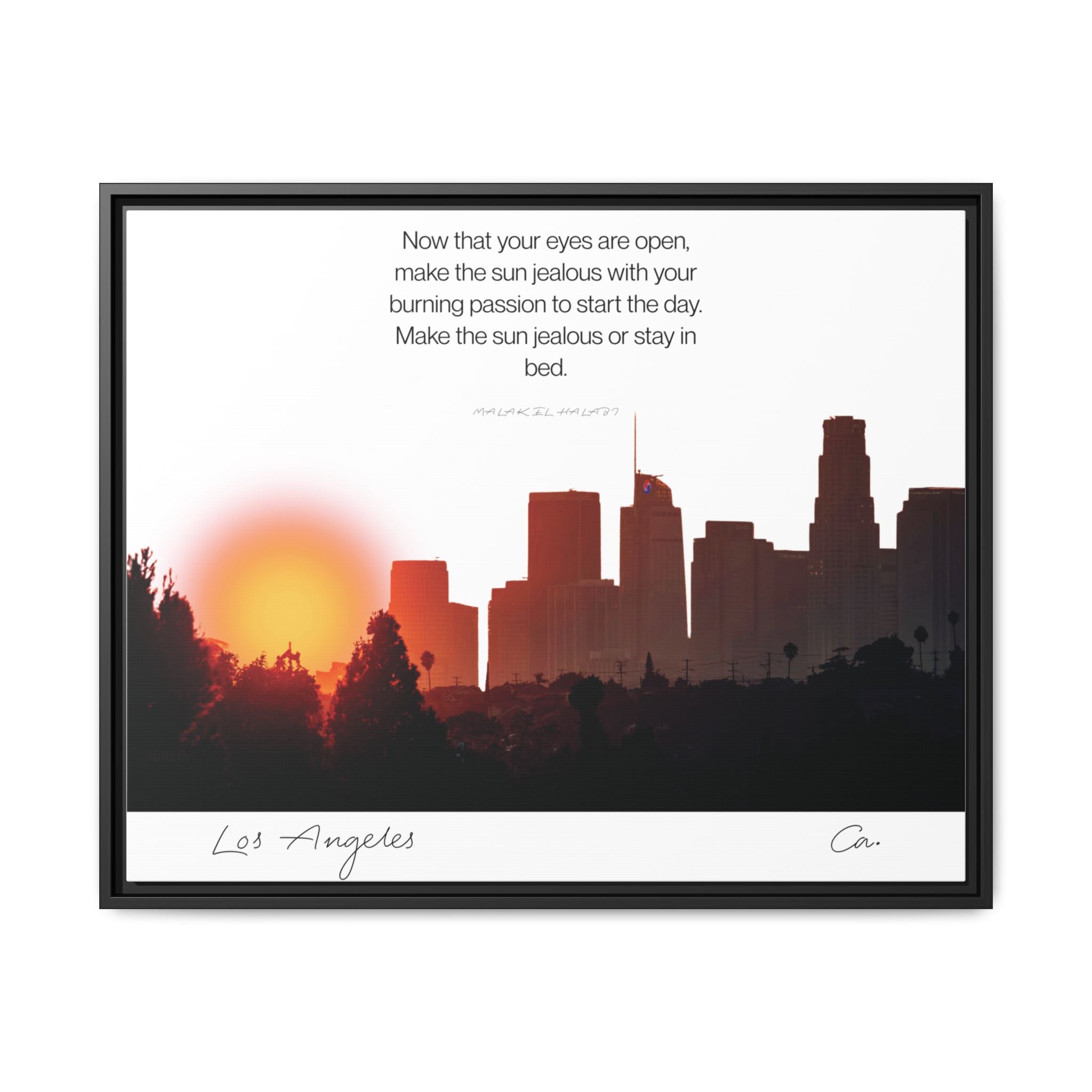 Los Angeles Sunrise Skyline Matte Canvas — 'Make the Sun Jealous' Framed Wall Art