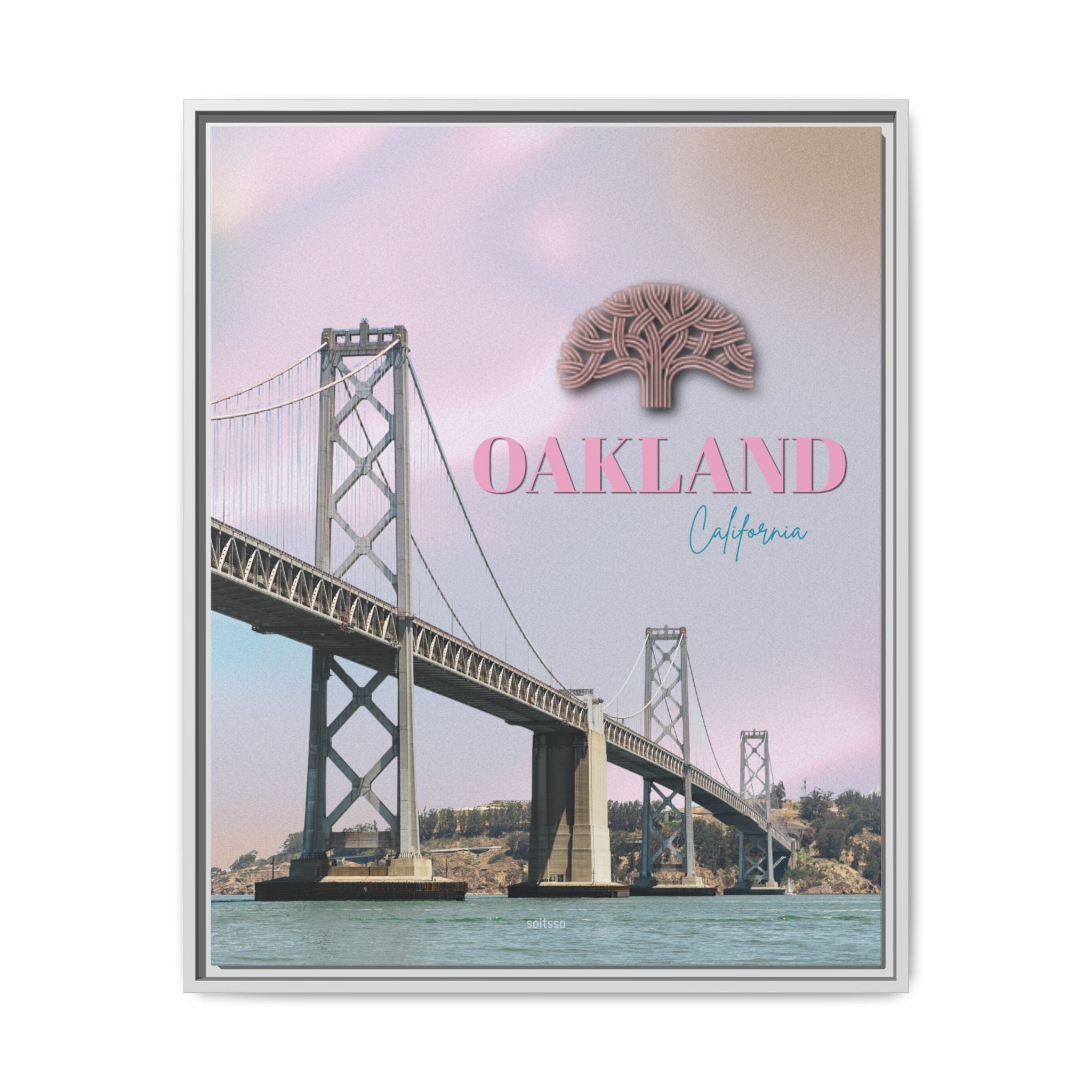 Oakland California Bridge Matte Framed Canvas Wall Art Pastel Cityscape Poster