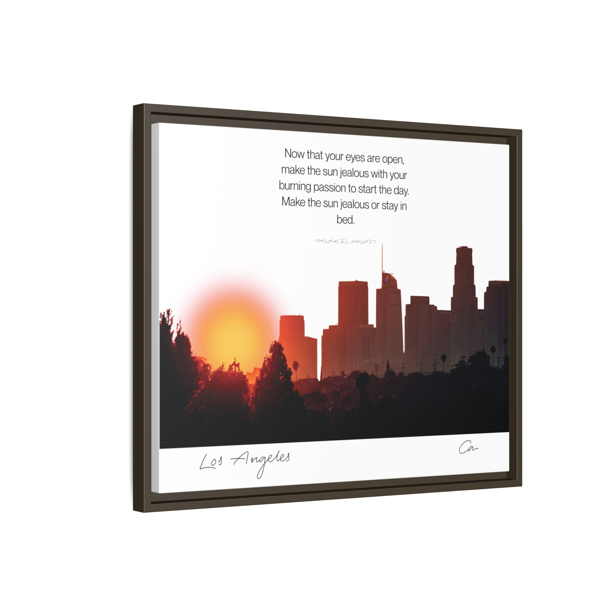 Los Angeles Sunrise Skyline Matte Canvas — 'Make the Sun Jealous' Framed Wall Art