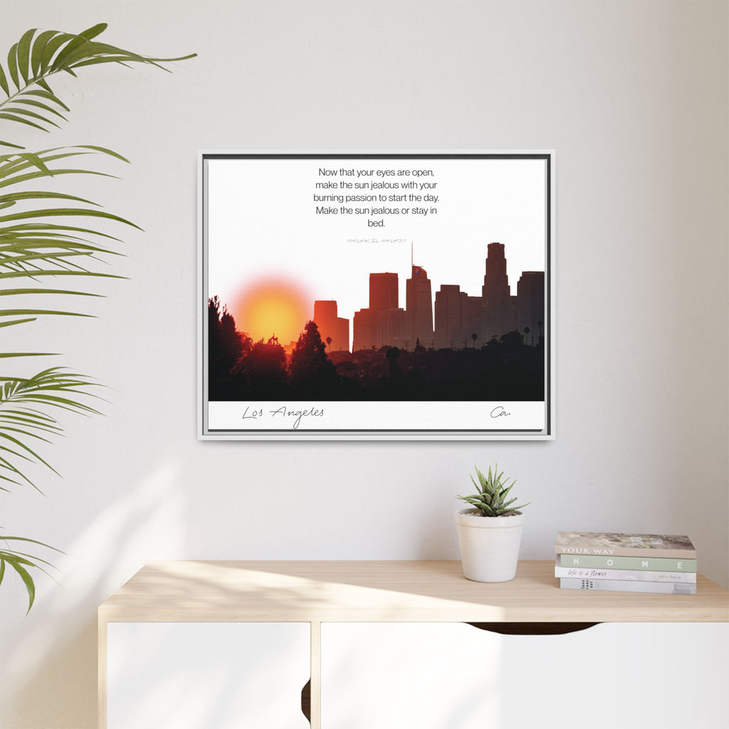 Los Angeles Sunrise Skyline Matte Canvas — 'Make the Sun Jealous' Framed Wall Art