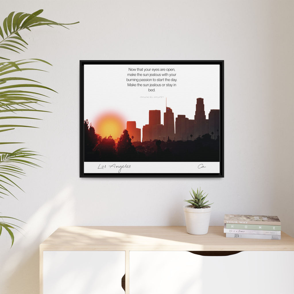 Los Angeles Sunrise Skyline Matte Canvas — 'Make the Sun Jealous' Framed Wall Art