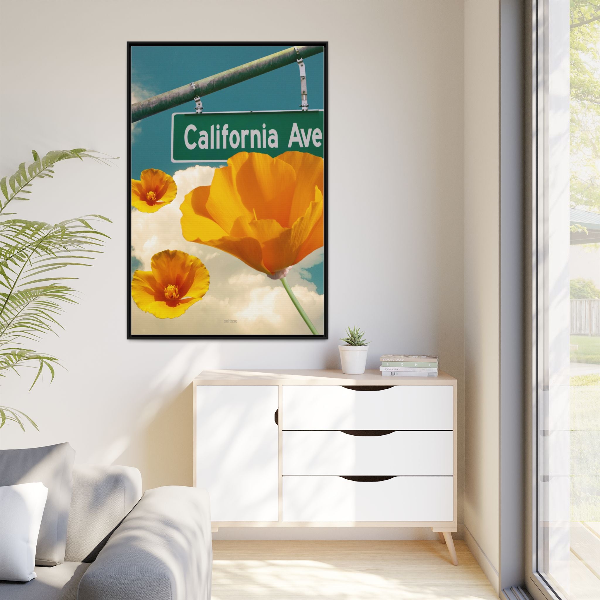 California Ave Poppy Art Print — Framed Matte Canvas