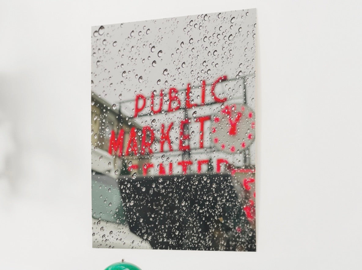 Framed Matte Canvas Print — 'Seattle Public Market' Rain-Drop Photography Wall Art