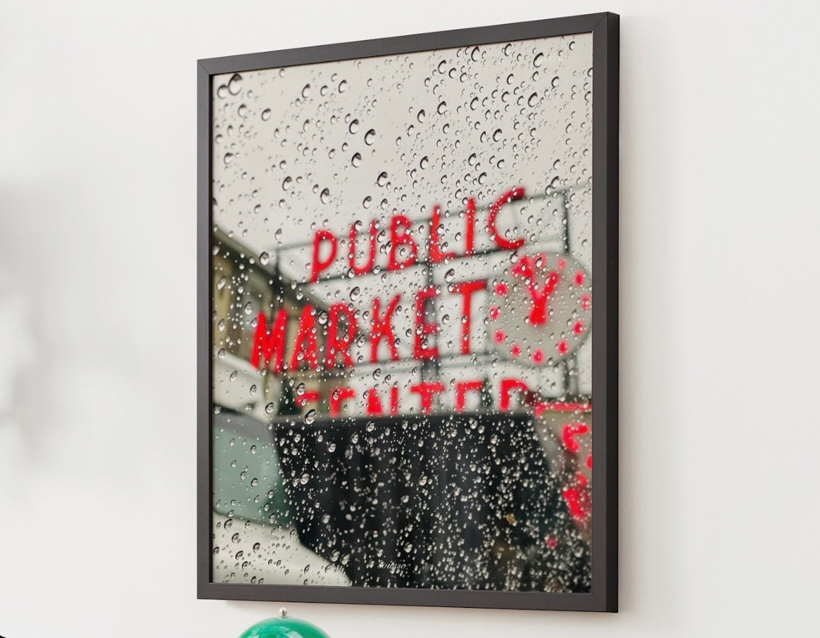 Framed Matte Canvas Print — 'Seattle Public Market' Rain-Drop Photography Wall Art
