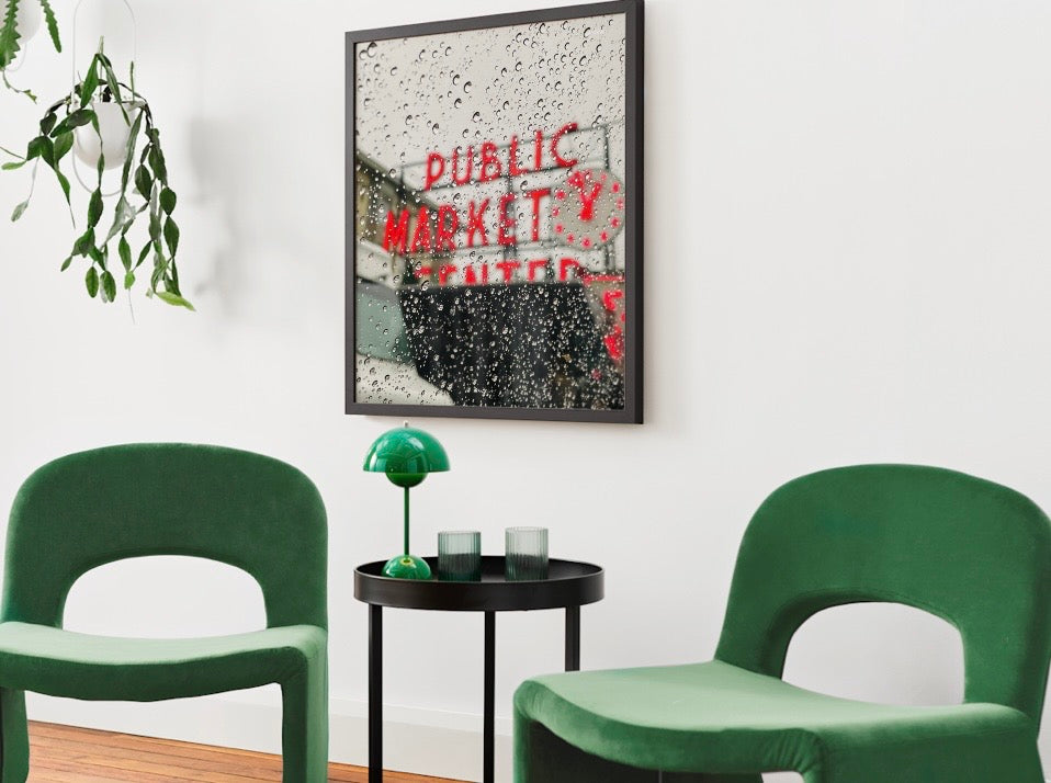 Framed Matte Canvas Print — 'Seattle Public Market' Rain-Drop Photography Wall Art