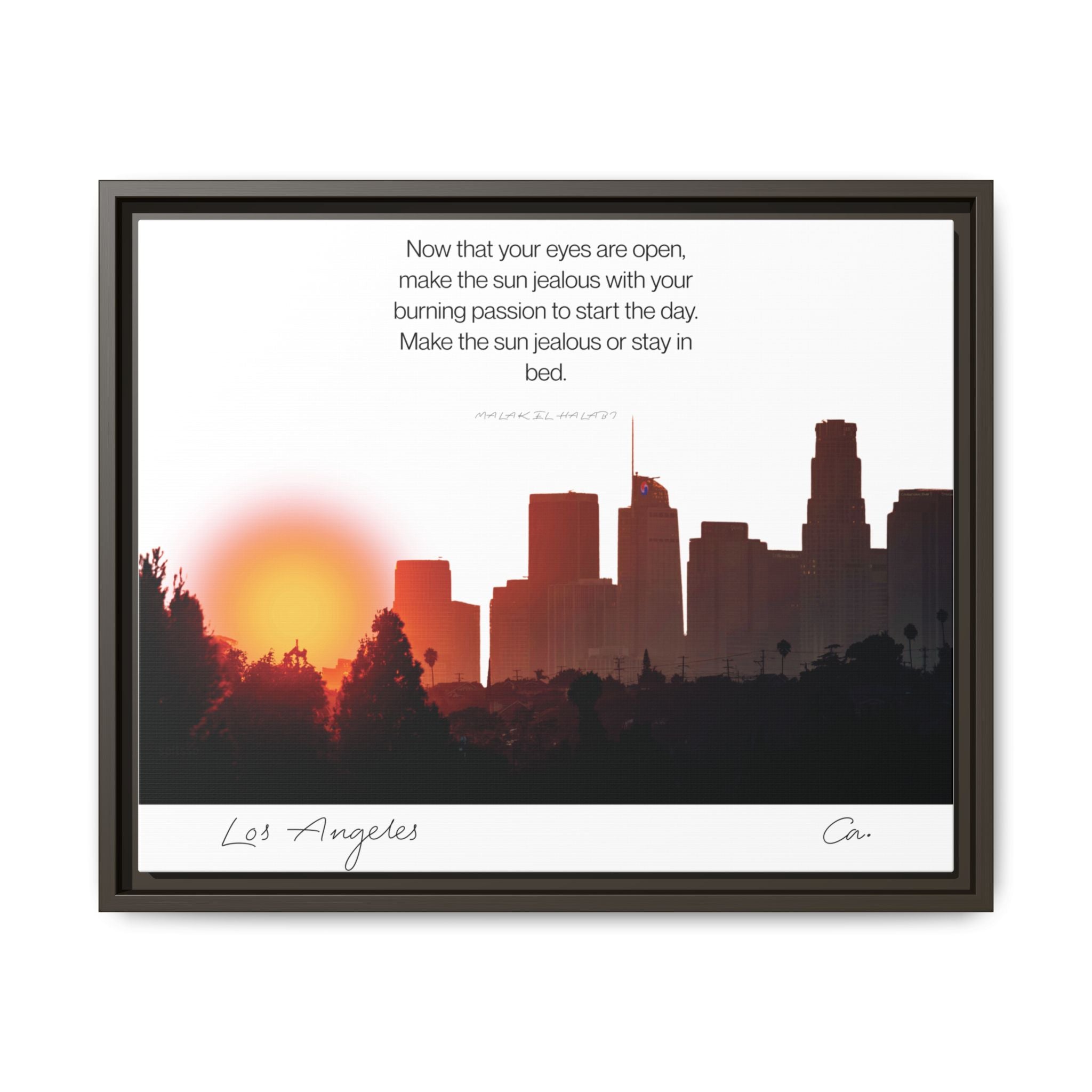 Los Angeles Sunrise Skyline Matte Canvas — 'Make the Sun Jealous' Framed Wall Art