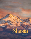 Mount Shasta snow-capped peak at sunset under a starry sky with Shasta California typography