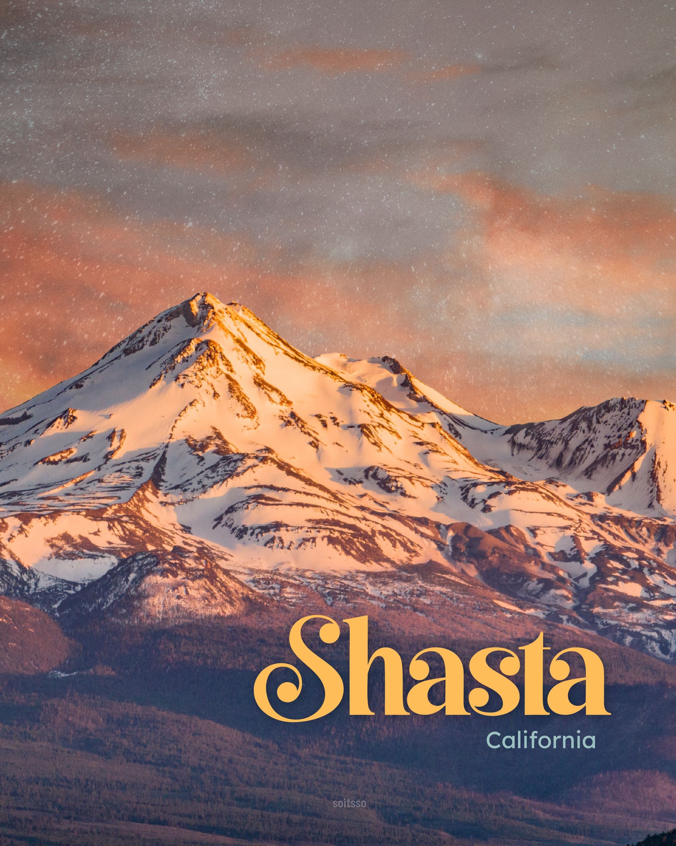 Mount Shasta snow-capped peak at sunset under a starry sky with Shasta California typography