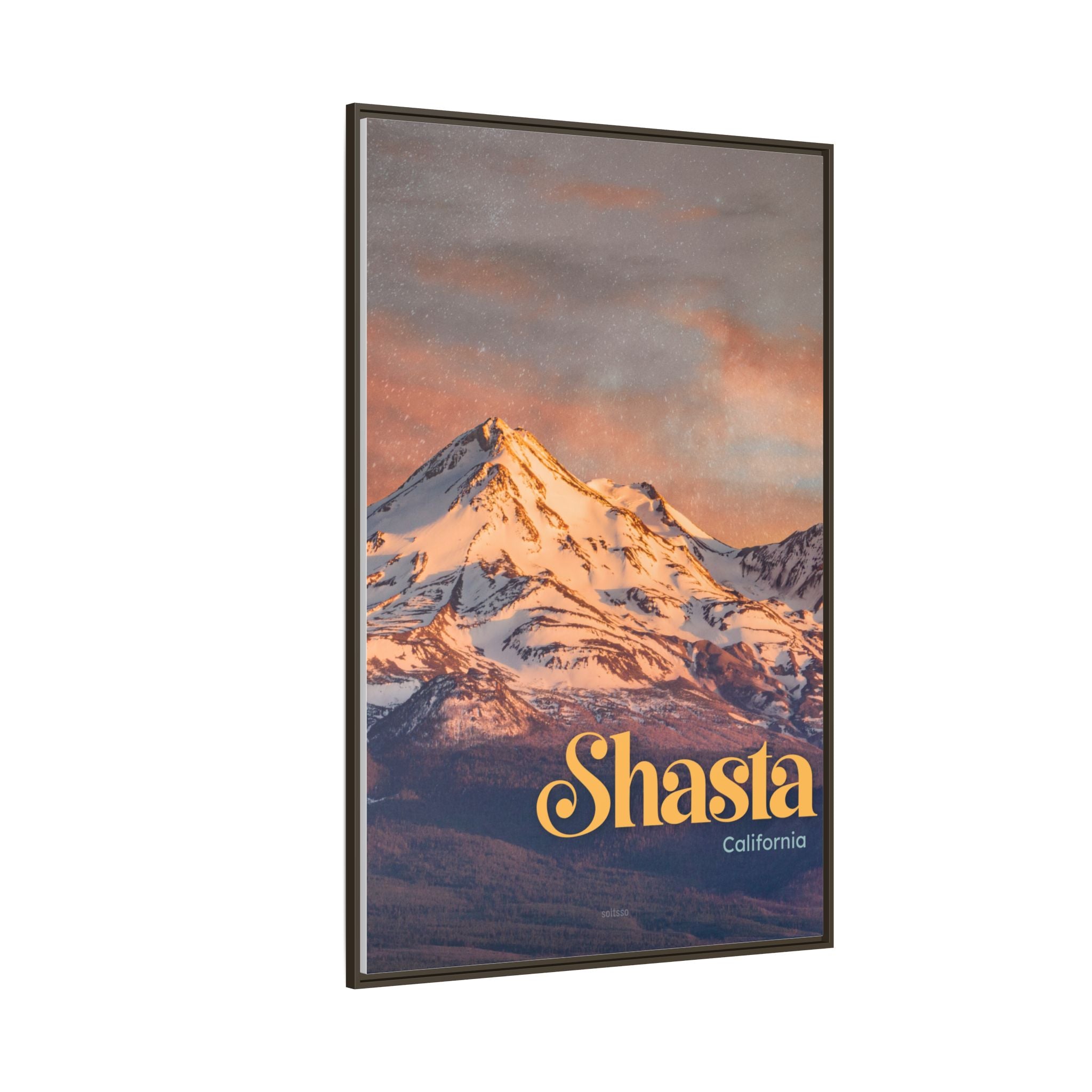 Shasta Mountain Framed Canvas Print Vintage Sunset California Wall Art