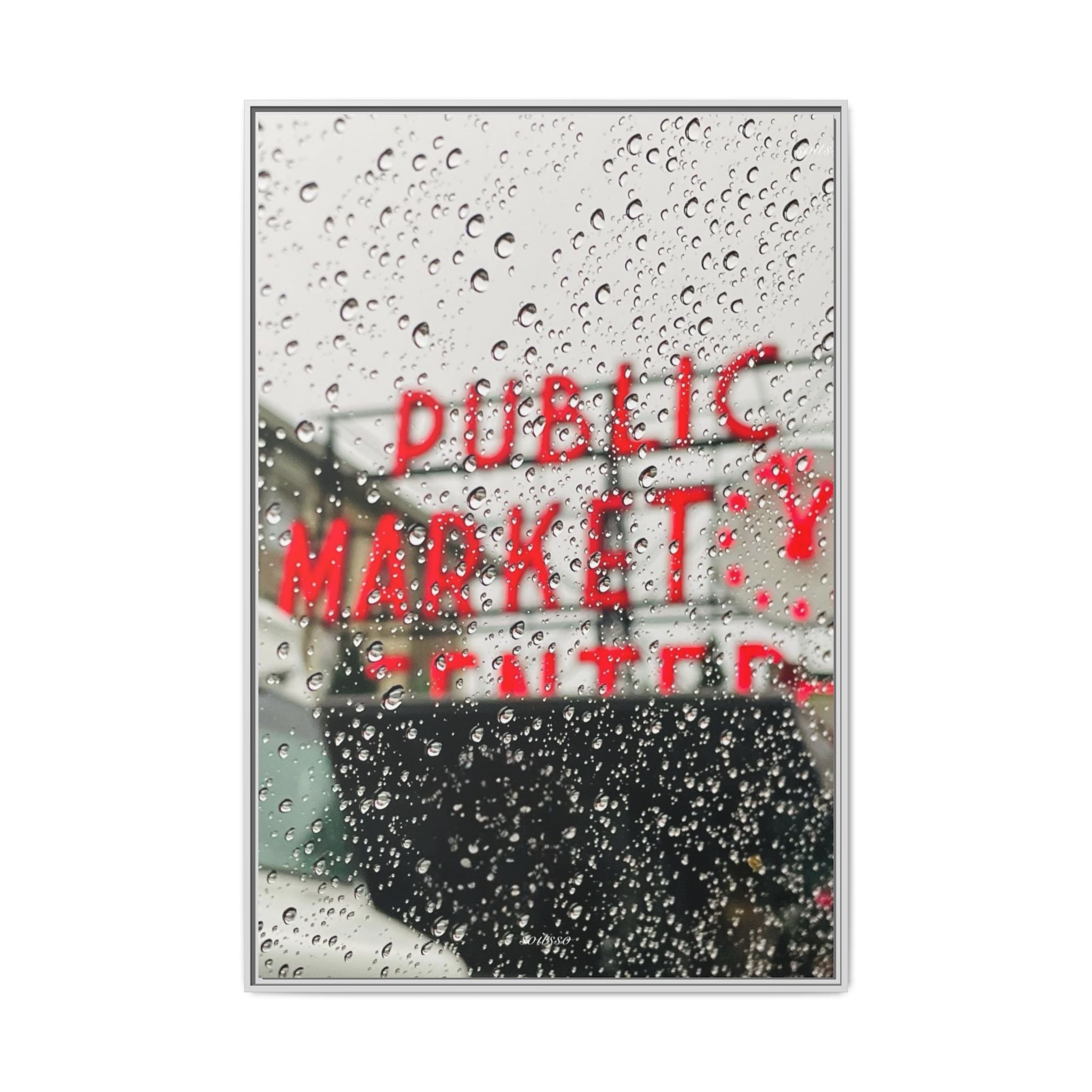 Framed Matte Canvas Print — 'Seattle Public Market' Rain-Drop Photography Wall Art