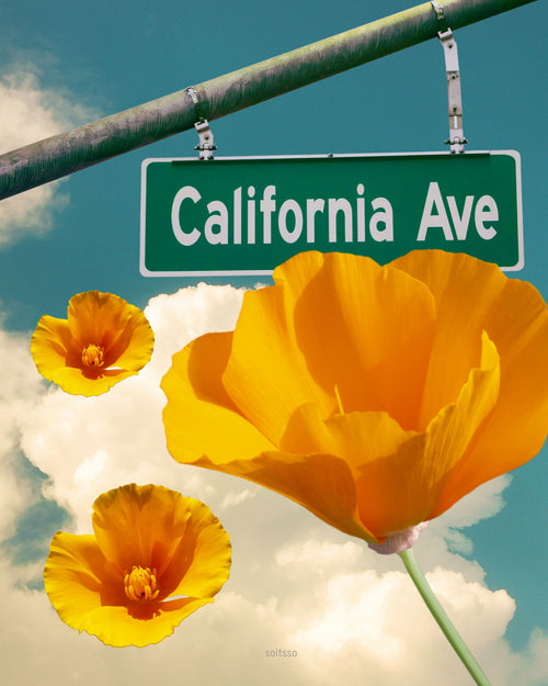 California Ave street sign with golden orange poppies against a blue sky