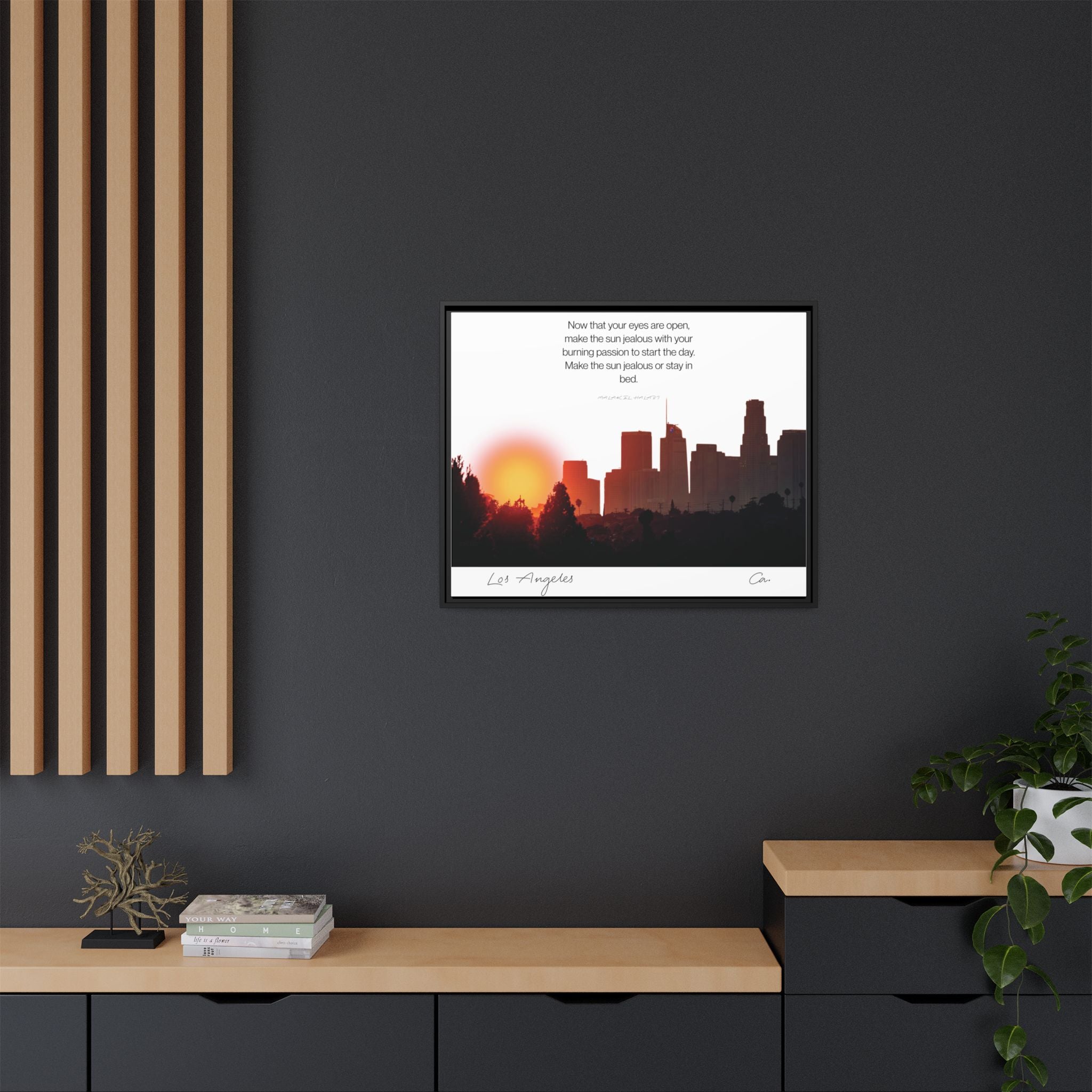 Los Angeles Sunrise Skyline Matte Canvas — 'Make the Sun Jealous' Framed Wall Art
