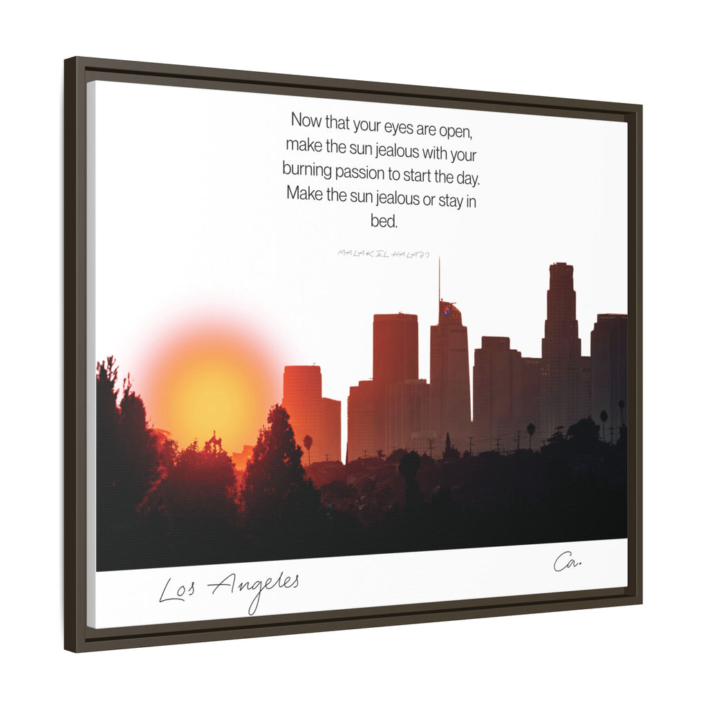 Los Angeles Sunrise Skyline Matte Canvas — 'Make the Sun Jealous' Framed Wall Art