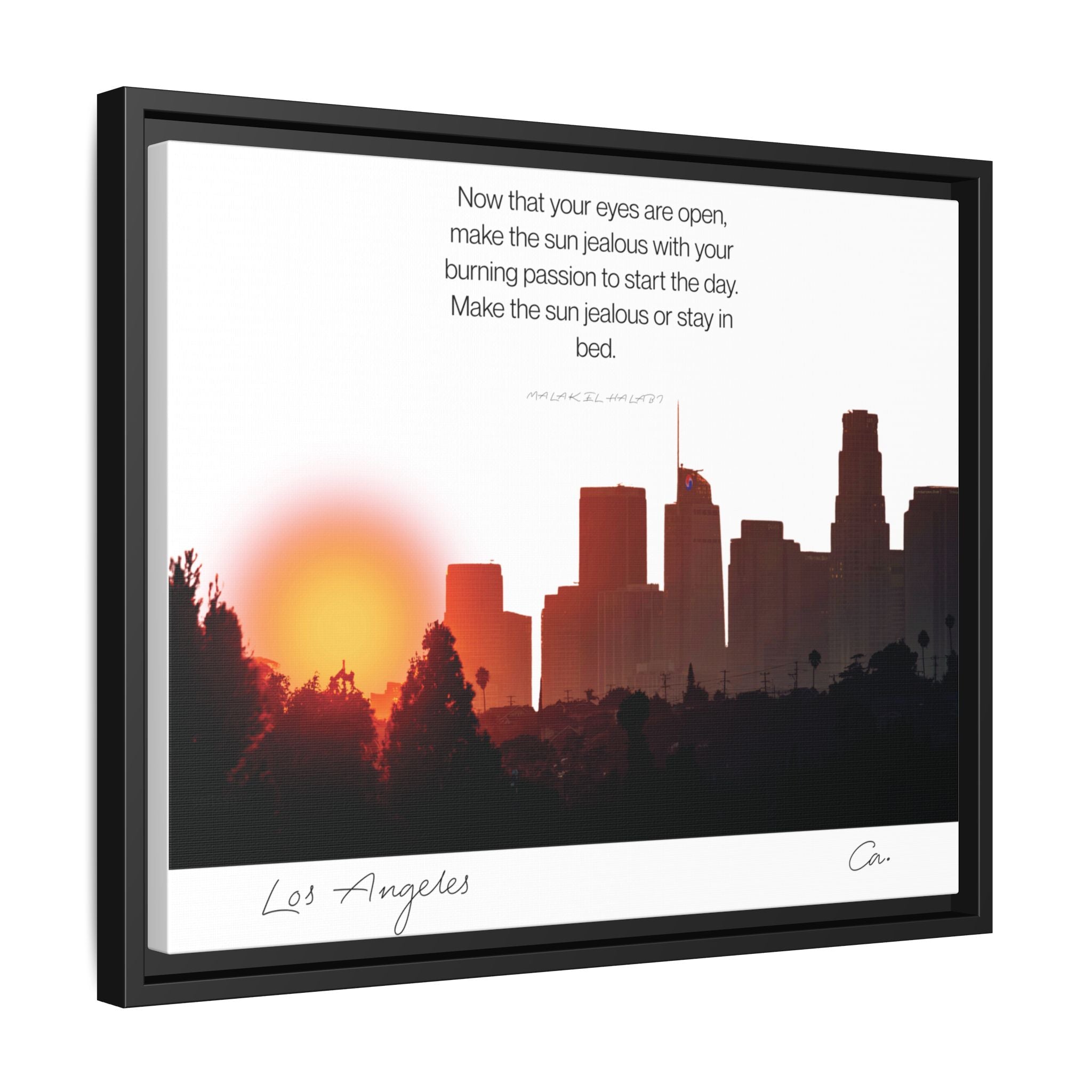 Los Angeles Sunrise Skyline Matte Canvas — 'Make the Sun Jealous' Framed Wall Art