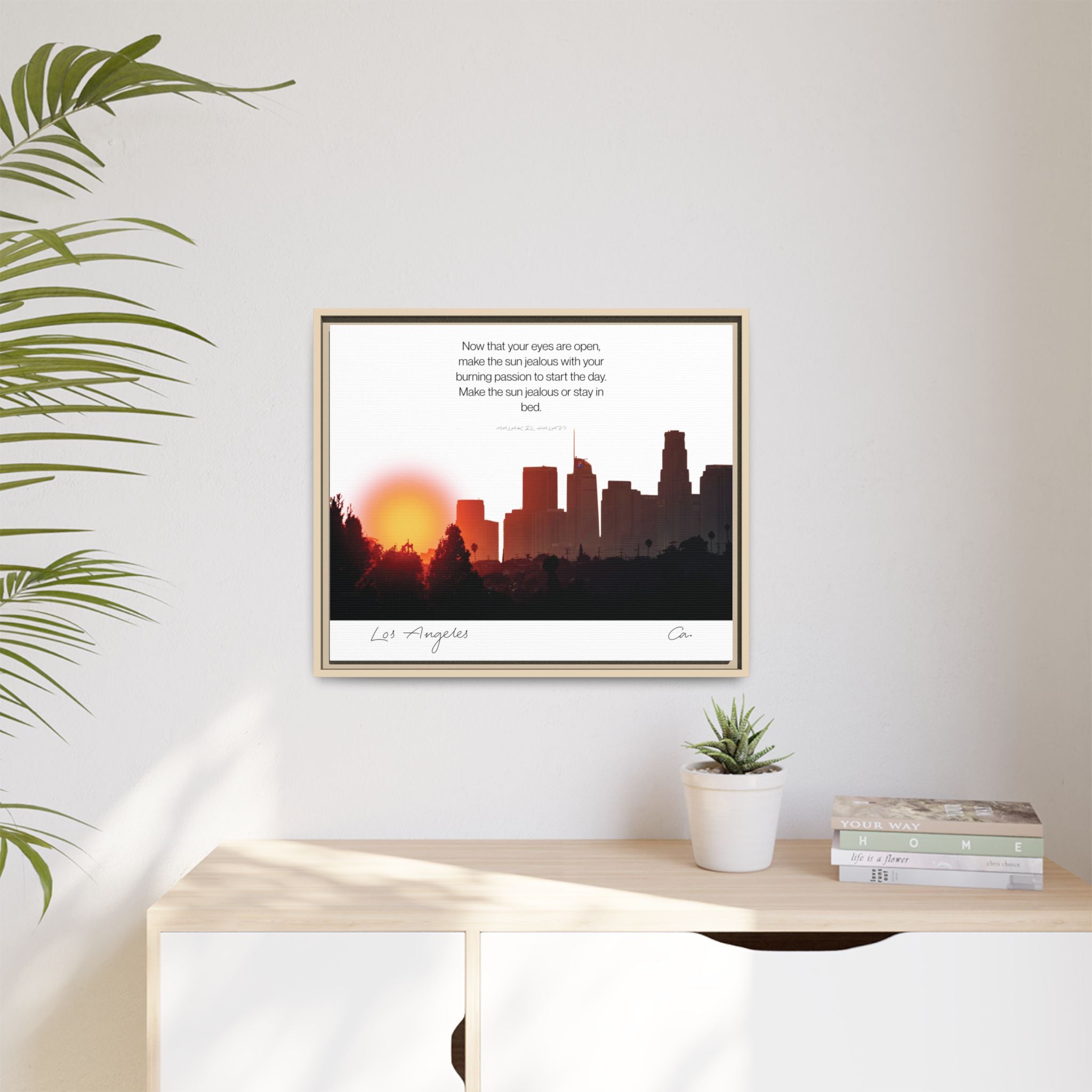 Los Angeles Sunrise Skyline Matte Canvas — 'Make the Sun Jealous' Framed Wall Art