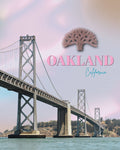 Oakland California Bay Bridge pastel cityscape with oak tree emblem and retro typography