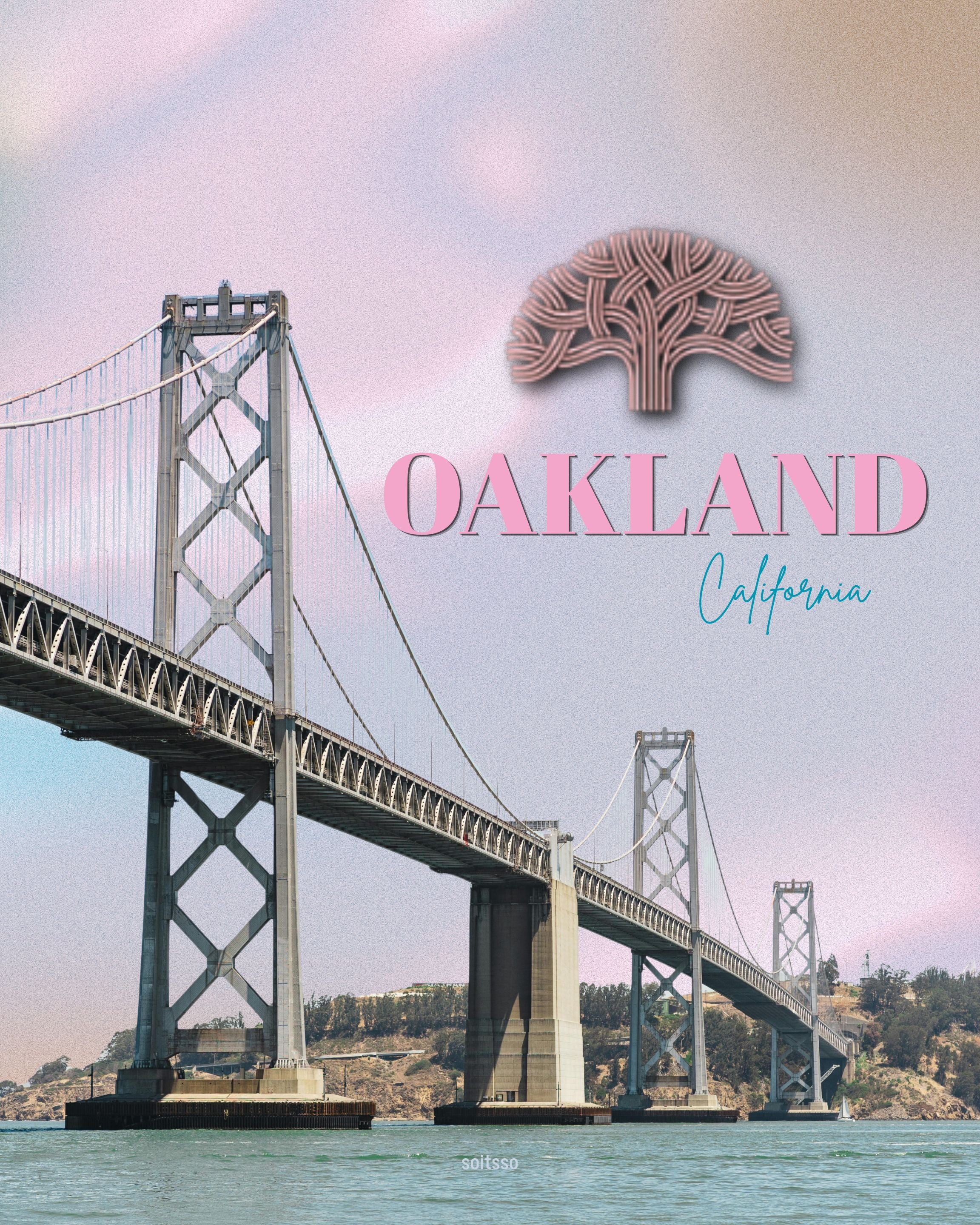 Oakland California Bay Bridge pastel cityscape with oak tree emblem and retro typography
