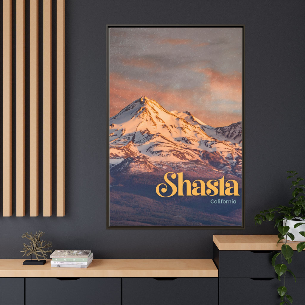 Shasta Mountain Framed Canvas Print Vintage Sunset California Wall Art