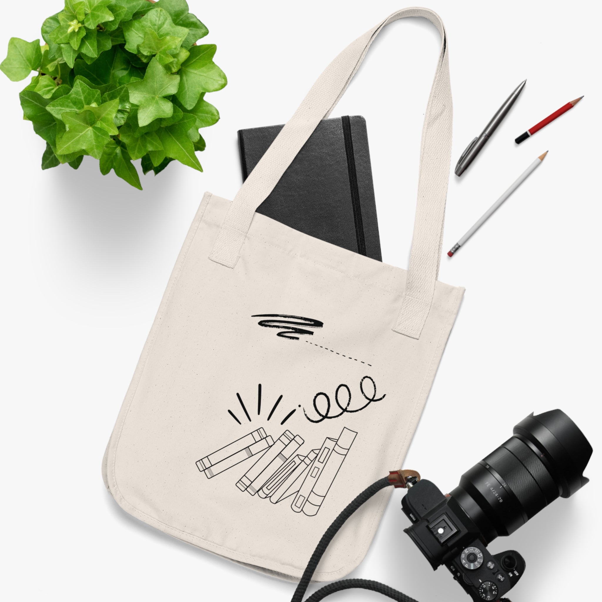 Canvas Tote Bag — Minimalist Books & Doodle Eco Tote Readers Teachers Students