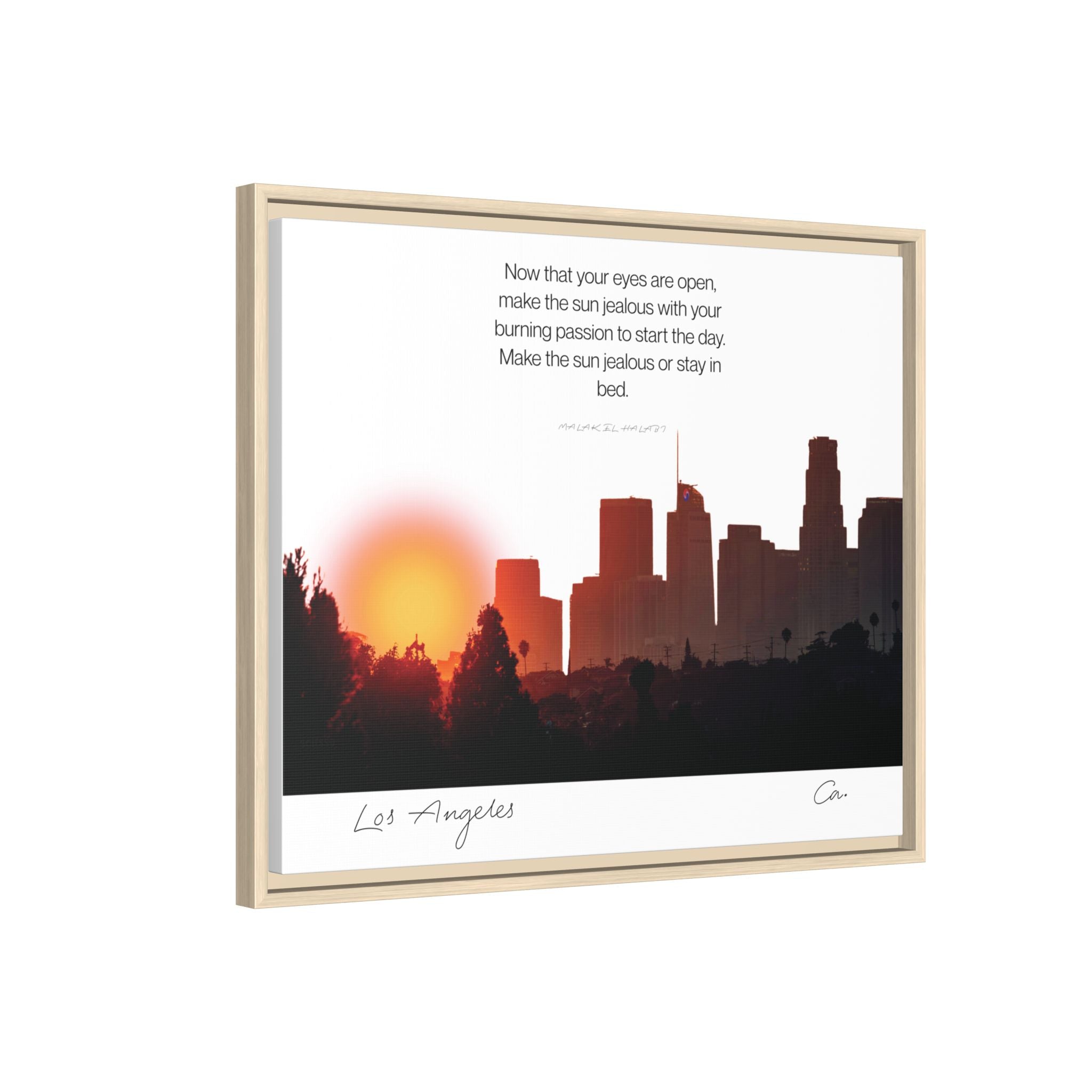 Los Angeles Sunrise Skyline Matte Canvas — 'Make the Sun Jealous' Framed Wall Art