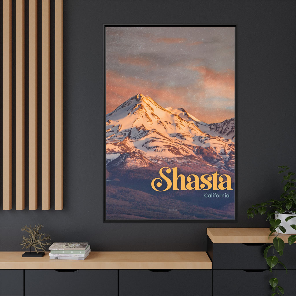 Shasta Mountain Framed Canvas Print Vintage Sunset California Wall Art