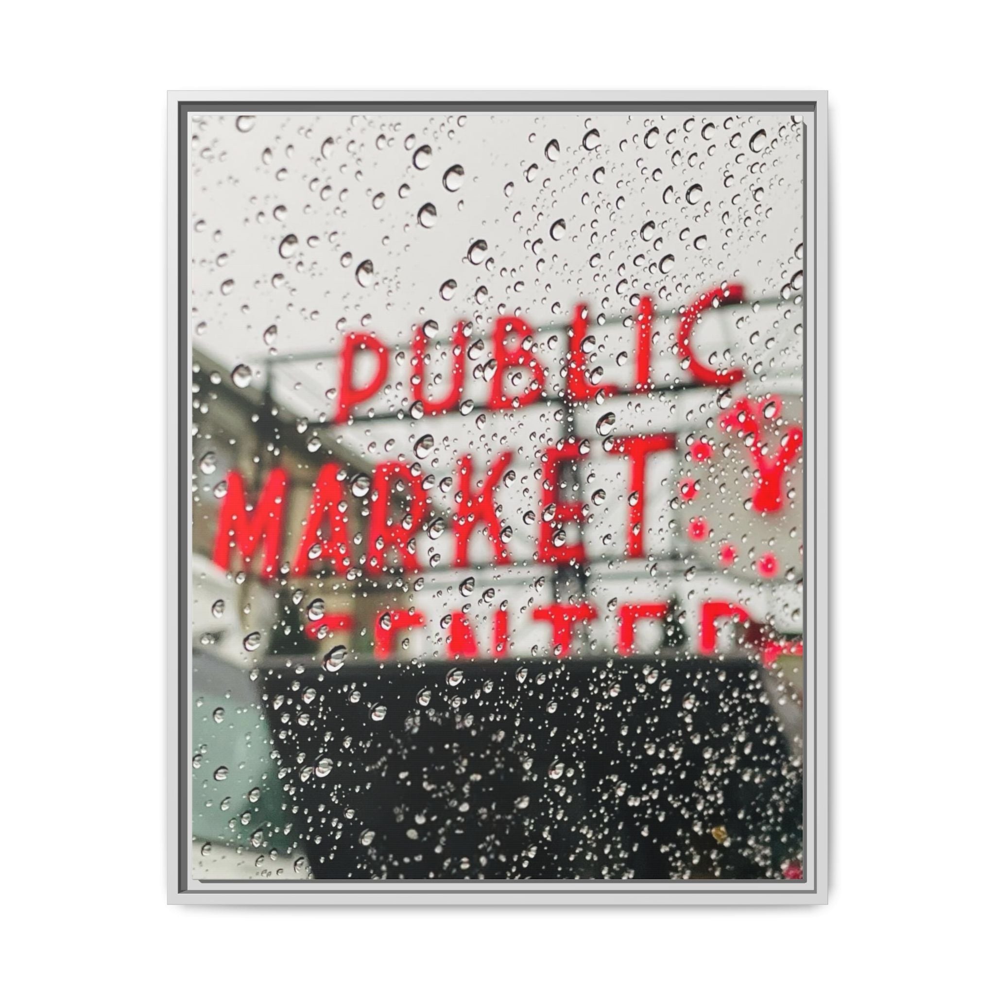 Framed Matte Canvas Print — 'Seattle Public Market' Rain-Drop Photography Wall Art