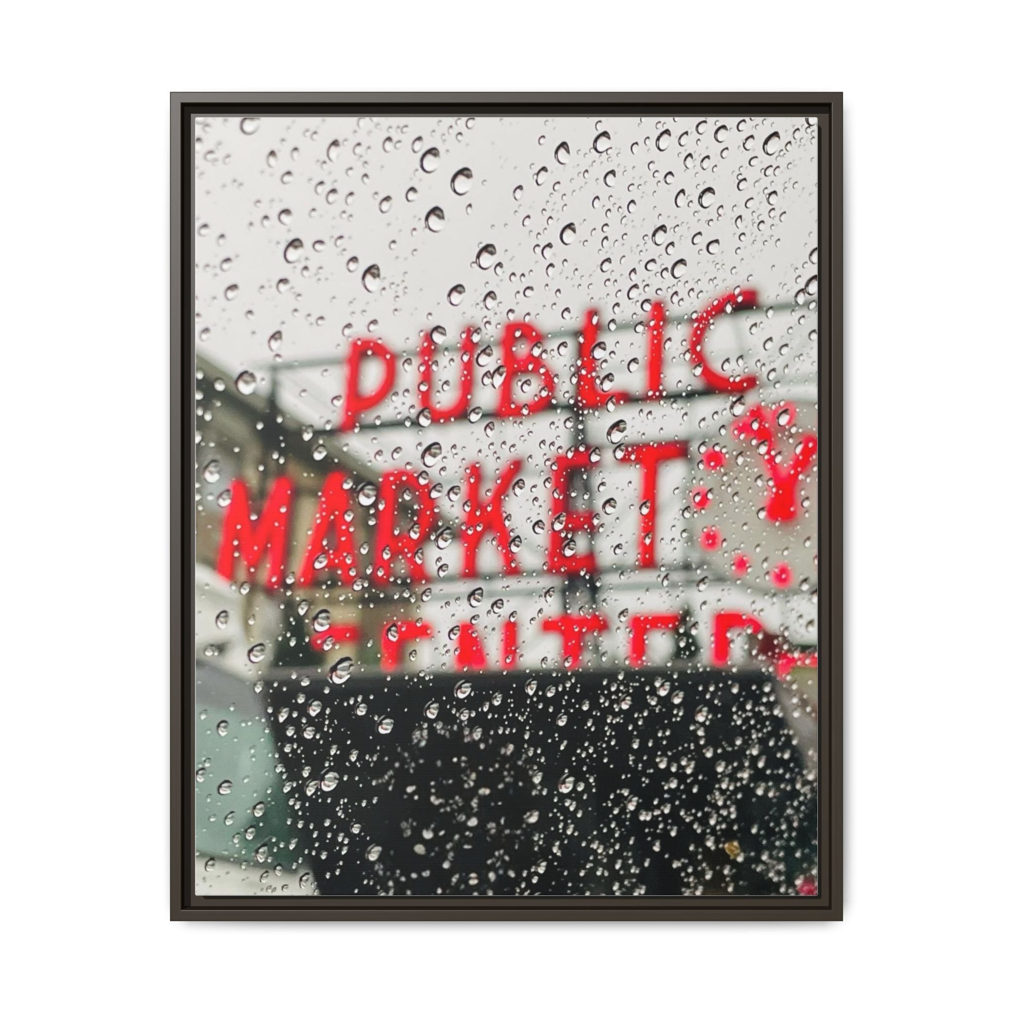 Framed Matte Canvas Print — 'Seattle Public Market' Rain-Drop Photography Wall Art