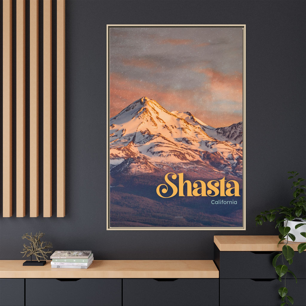 Shasta Mountain Framed Canvas Print Vintage Sunset California Wall Art
